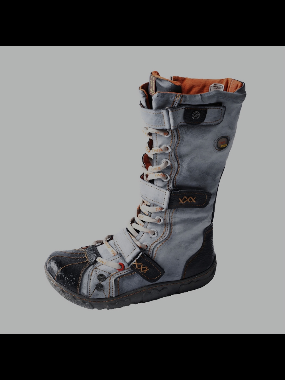 Tall Lace-Up Leather Boot in Light Gray and Black
